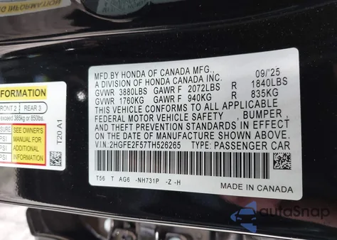 2026 Honda Civic Sport from USA, damaged, VIN 2HGFE2F57TH526265